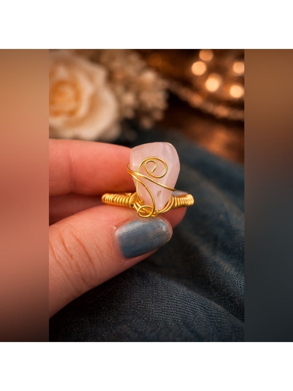 Artisan Hand Crafted Genuine Rose Quartz Copper Wrap Ring Size 8